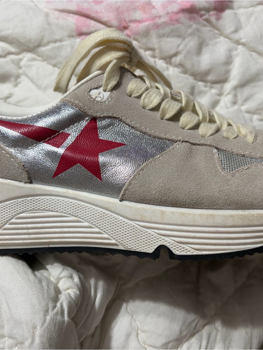 Golden Goose Women's Silver and Red Star Suede-Trim Sneaker